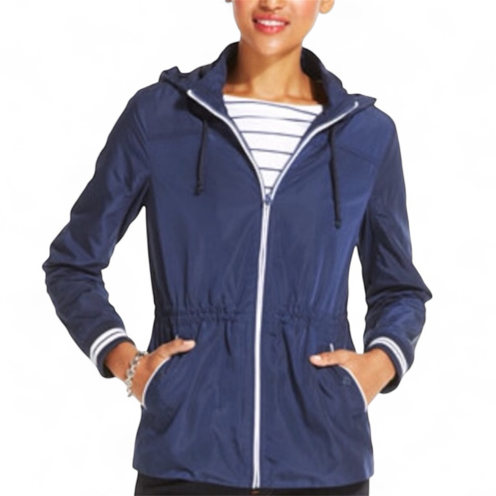 Tommy Hilfiger Hooded Windbreaker Rain Jacket Anorak Navy Blue Zip Up Size Small